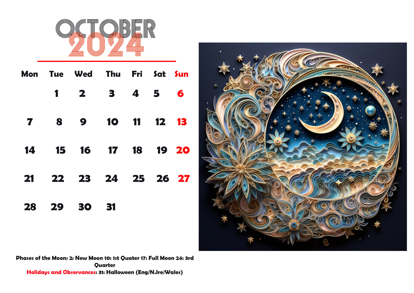 Gaze Up! Downloadable 2024 Calendar Featuring Enchanting Moon & Star Artwork