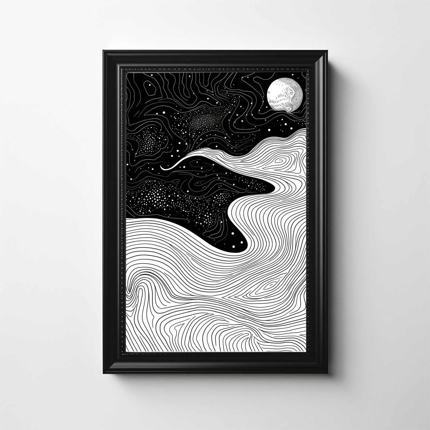 Embrace the Minimal Majesty of Space with Our Moon & Stars Digital Artwork