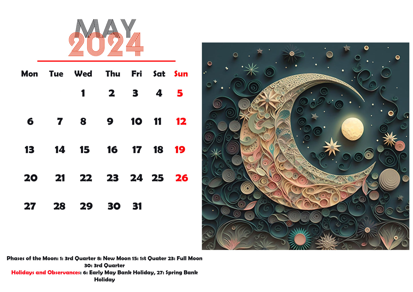 Gaze Up! Downloadable 2024 Calendar Featuring Enchanting Moon & Star Artwork